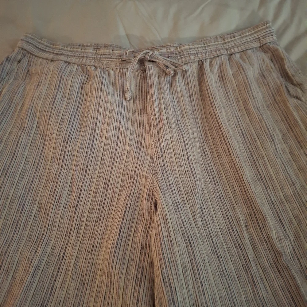 Sag Harbor Women's Striped Cropped Linen Khaki Chinos